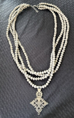 Akola Boho Necklace Multi Strand Chunky Statement Cross Pendant Gray BIG LONG